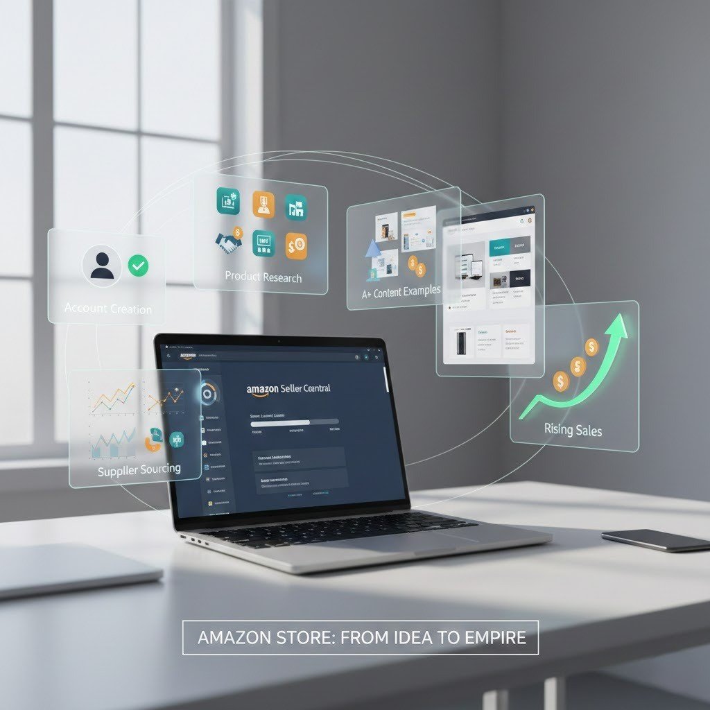 "3D illustration of Amazon store creation workflow showing Seller Central, product research, sourcing, listing optimization, and sales growth icons."
