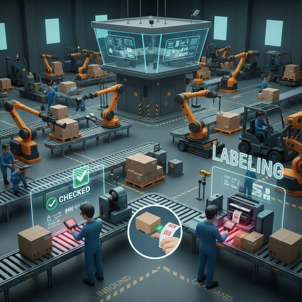 Amazon prep center operations with inspection, labeling, and shipment processing.