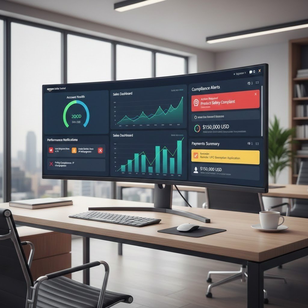 Amazon virtual assistant reviewing account health metrics and performance alerts in Seller Central.