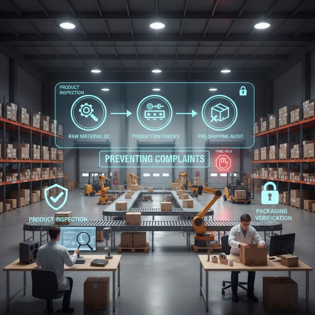 “3D warehouse scene showing quality checks that prevent negative reviews.”