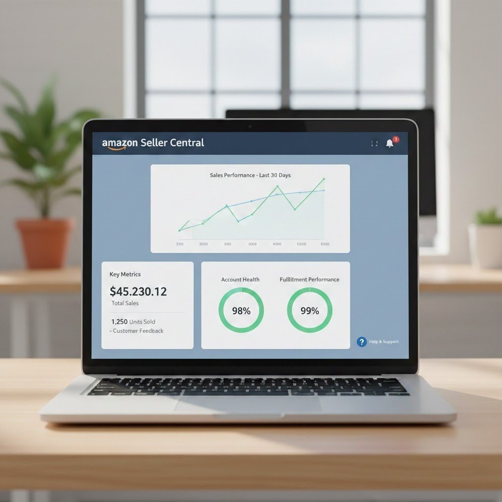"Realistic Amazon Seller Central dashboard on a laptop showing clean metrics, subtle notifications, and virtual assistant support in a modern minimal office setting, by Ecommatic."