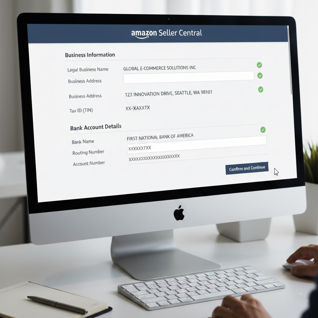 "Close-up of Amazon Seller Central registration form being filled, showing business and banking details on a clean professional interface, highlighting accuracy and compliance by Ecommatic."