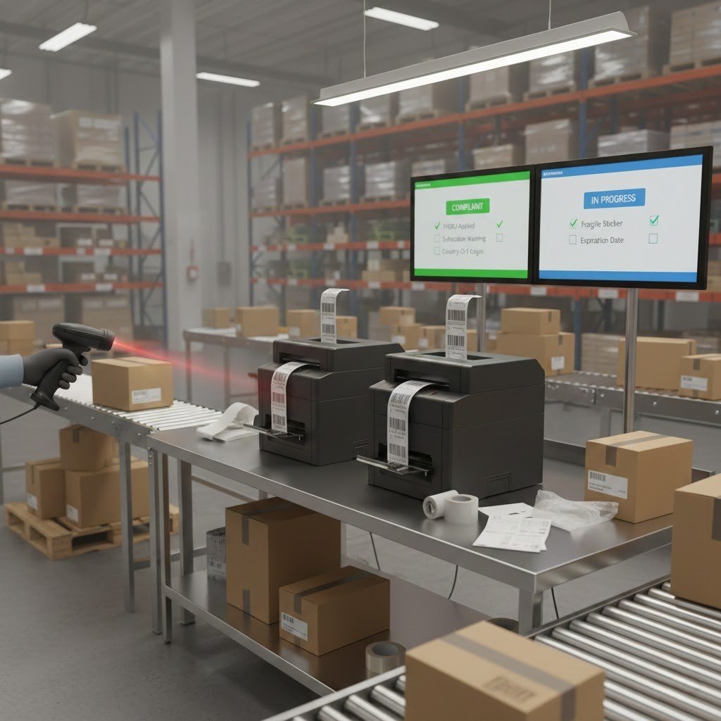 Amazon FNSKU labeling and compliance process at a prep center.