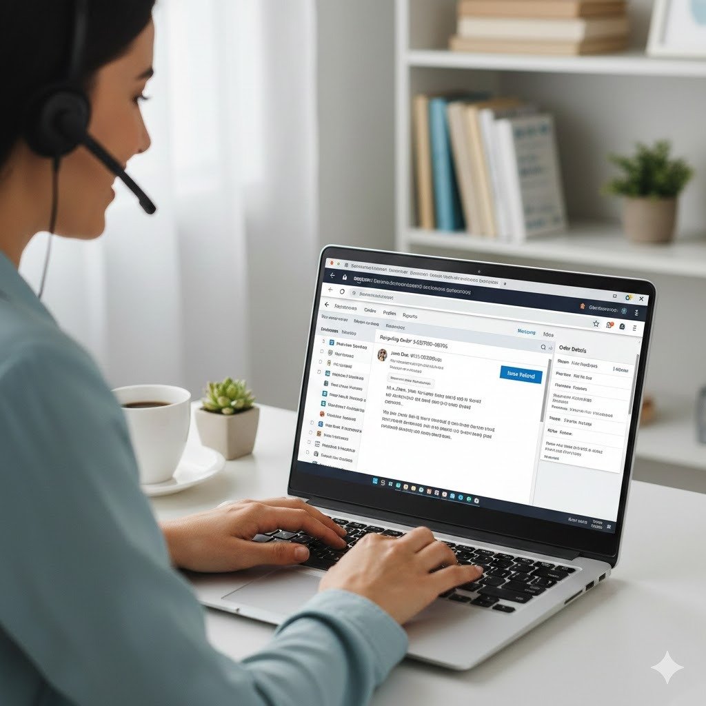 “Customer service agent drafting a friendly response and processing a refund for an Amazon order.”