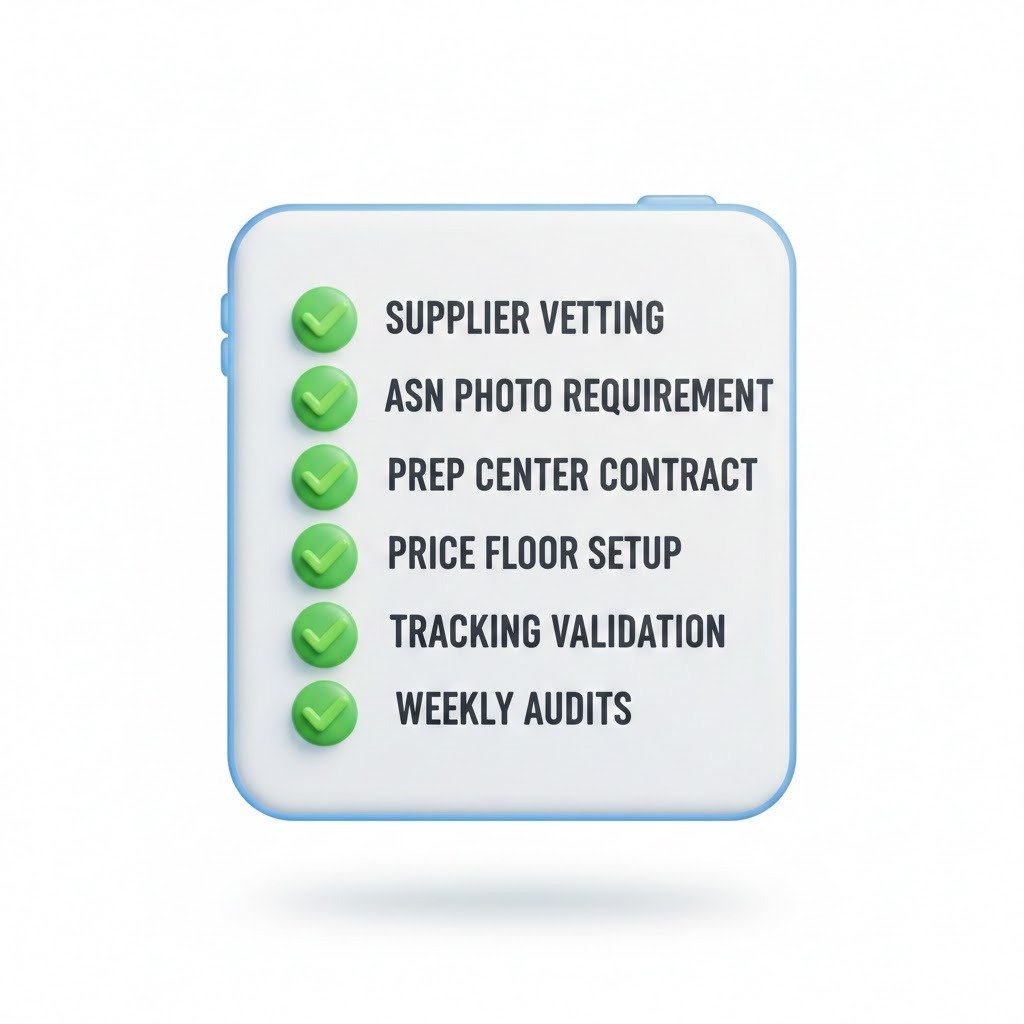 “3D checklist graphic showing dropshipping operational safeguards and tasks.”