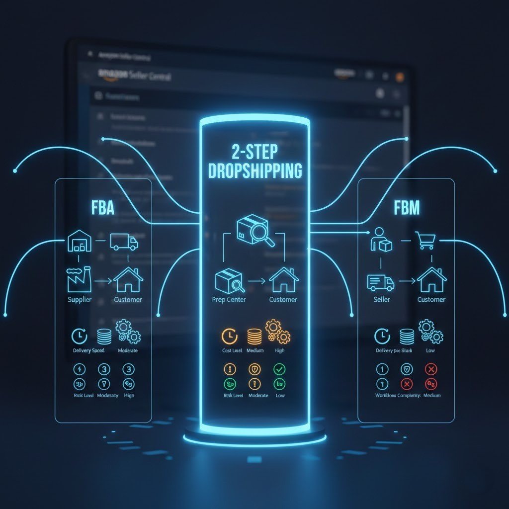 3D visual comparison of Amazon 2-step dropshipping, FBA, and FBM fulfillment models.