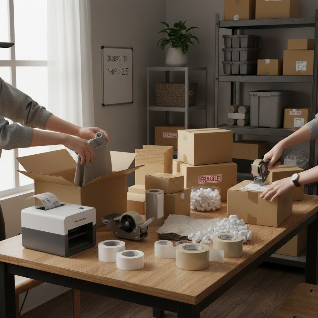 Small business setup preparing FBM Amazon orders manually.