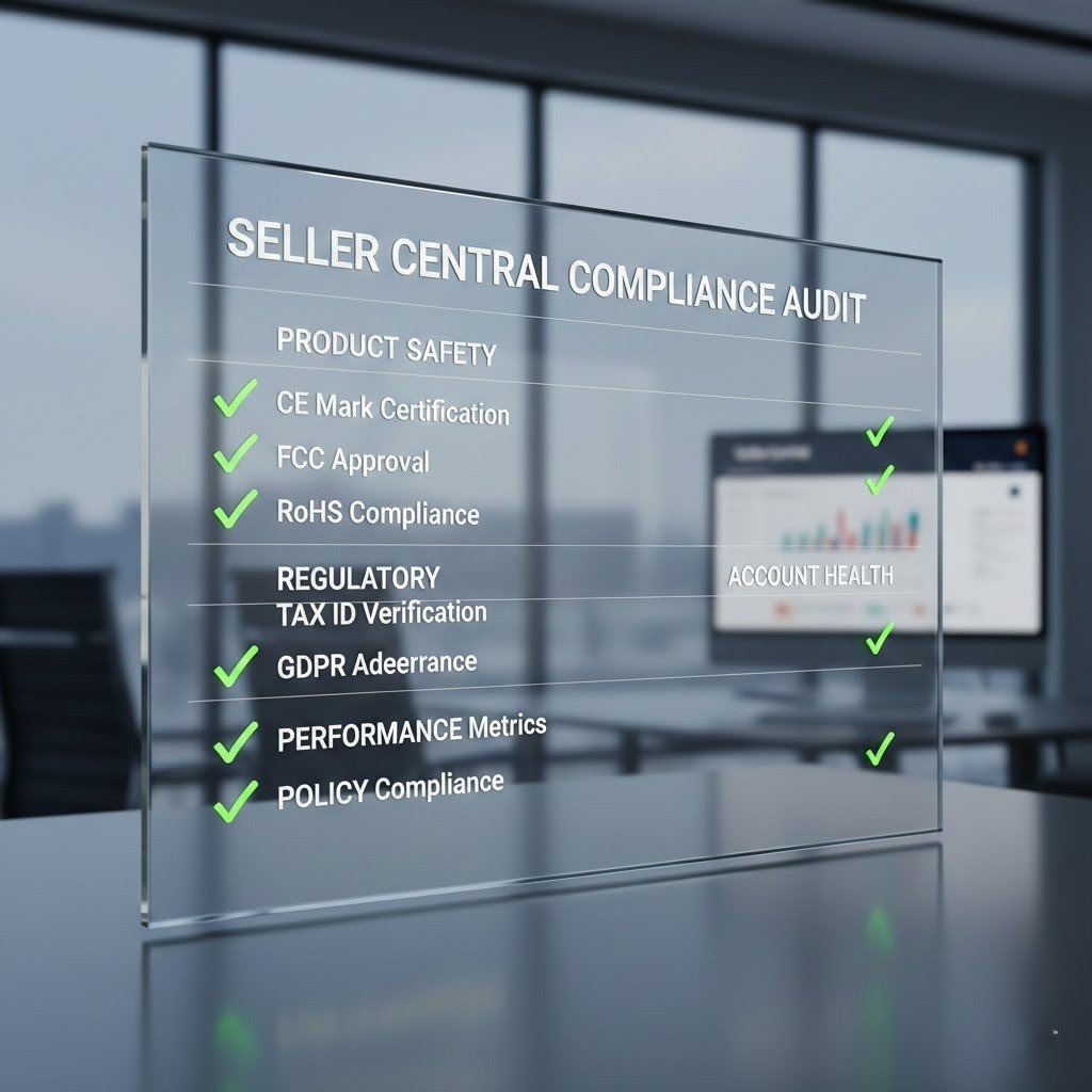 “High-resolution 3D compliance checklist with green check marks and a Seller Central dashboard in the background. Clean corporate theme with soft reflections.”
