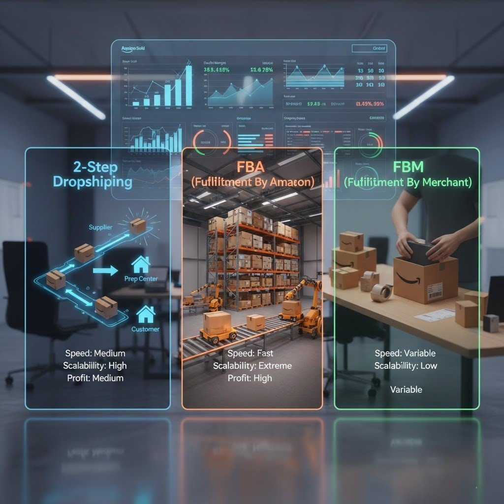 “3D hyper-realistic comparison of Amazon fulfillment models—2-Step Dropshipping, FBA, and FBM—with workflows, packages, prep centers, warehouses, shipping trucks, and Seller Central dashboard showing charts, timelines, and cost indicators in a modern office setting.”