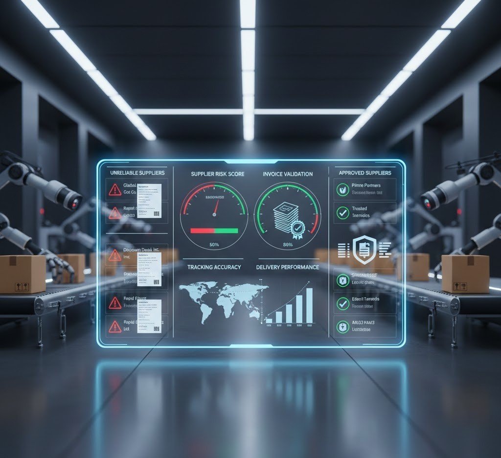 Supplier vetting system for 2-step dropshipping showing risk flags, invoice checks, tracking validation, and Amazon compliance monitoring.