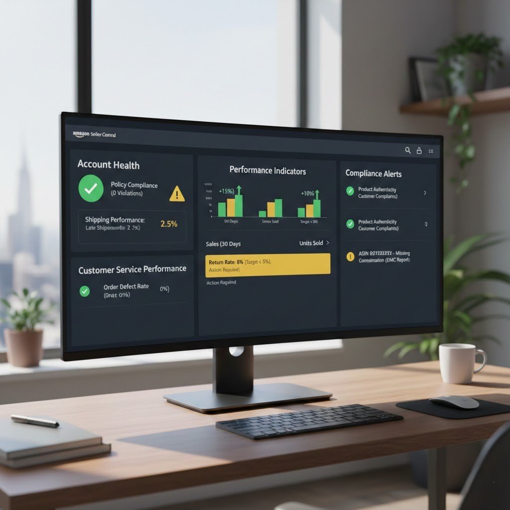 Amazon account health monitoring dashboard showing performance metrics and compliance alerts.