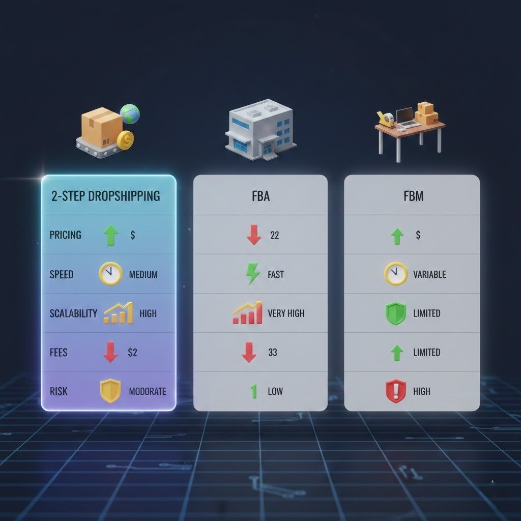 Comparison chart of Amazon fulfillment models: 2-step dropshipping vs FBA vs FBM.