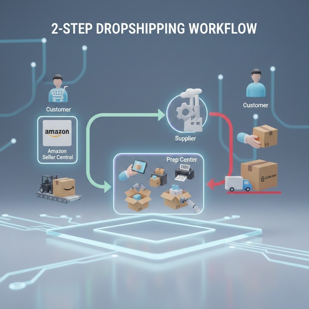 Visual workflow of compliant 2-step Amazon dropshipping using a prep center.