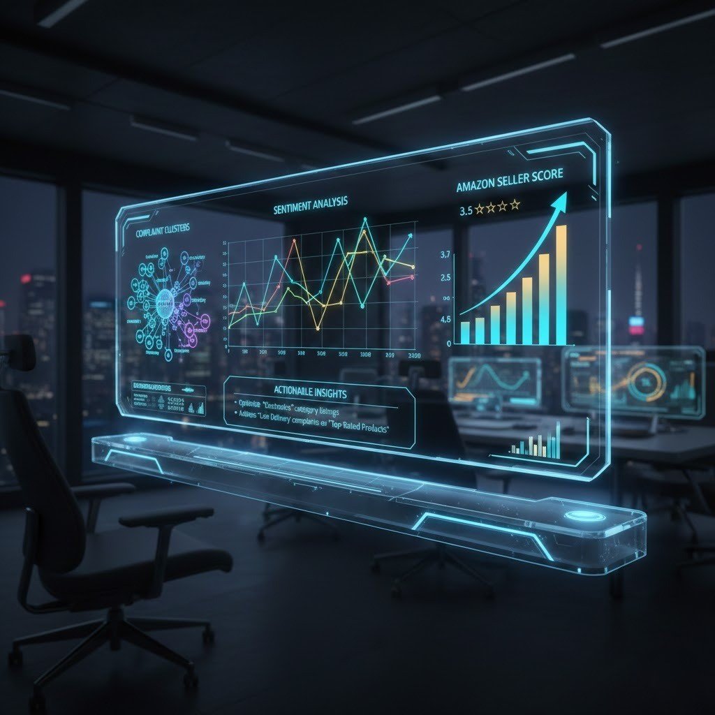 “3D analytics dashboard displaying Amazon review trends and customer sentiment analysis.”