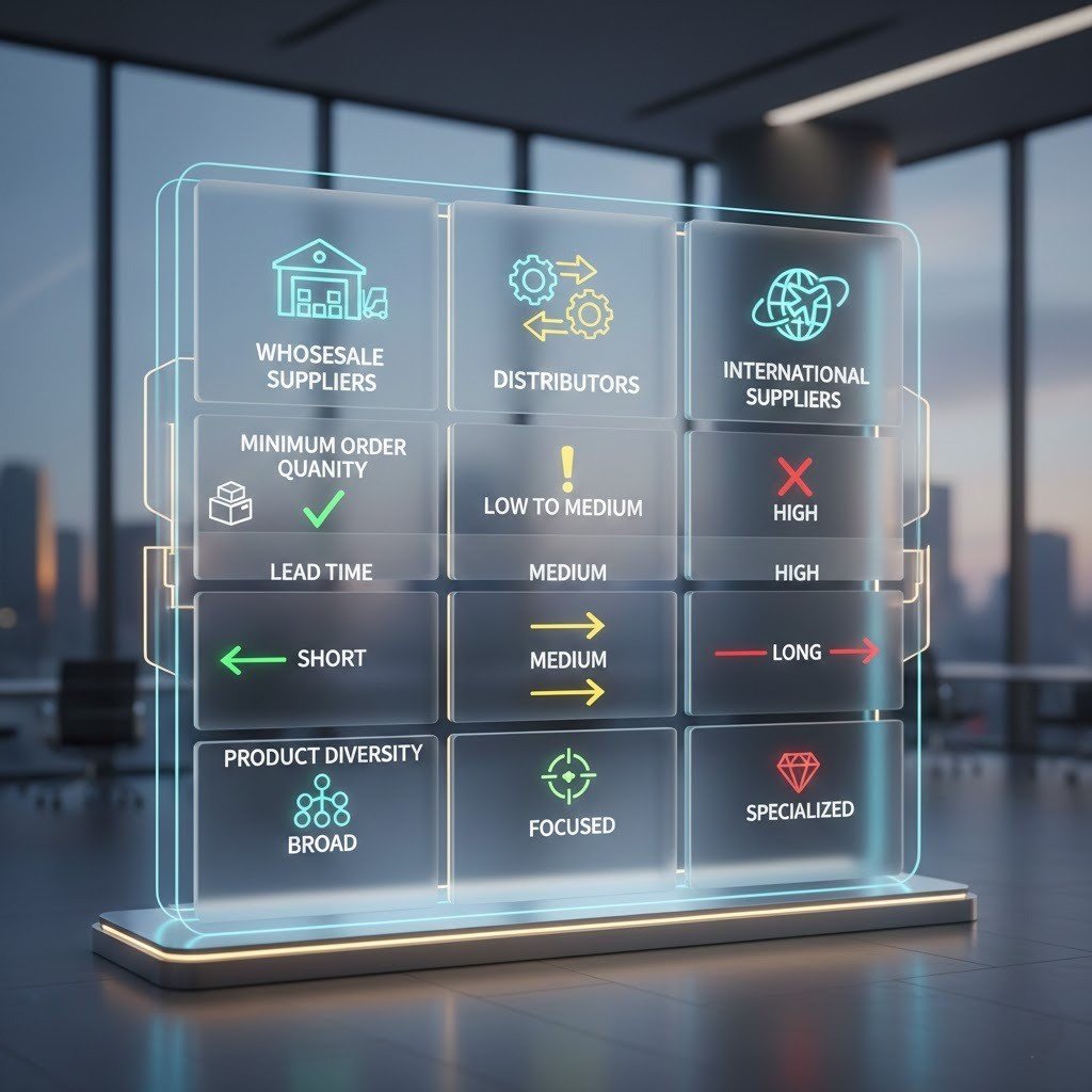 “3D visual comparing wholesale, distributor, and international suppliers for dropshipping.”