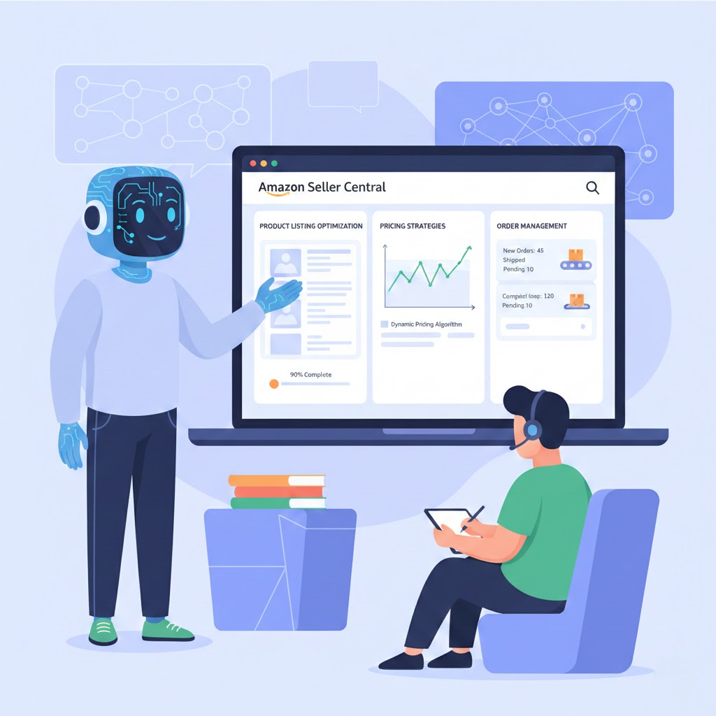 "Virtual assistant providing step-by-step Amazon Seller Central training, showing product listing optimization, pricing strategies, and order management on a laptop in a modern educational setting, by Ecommatic."