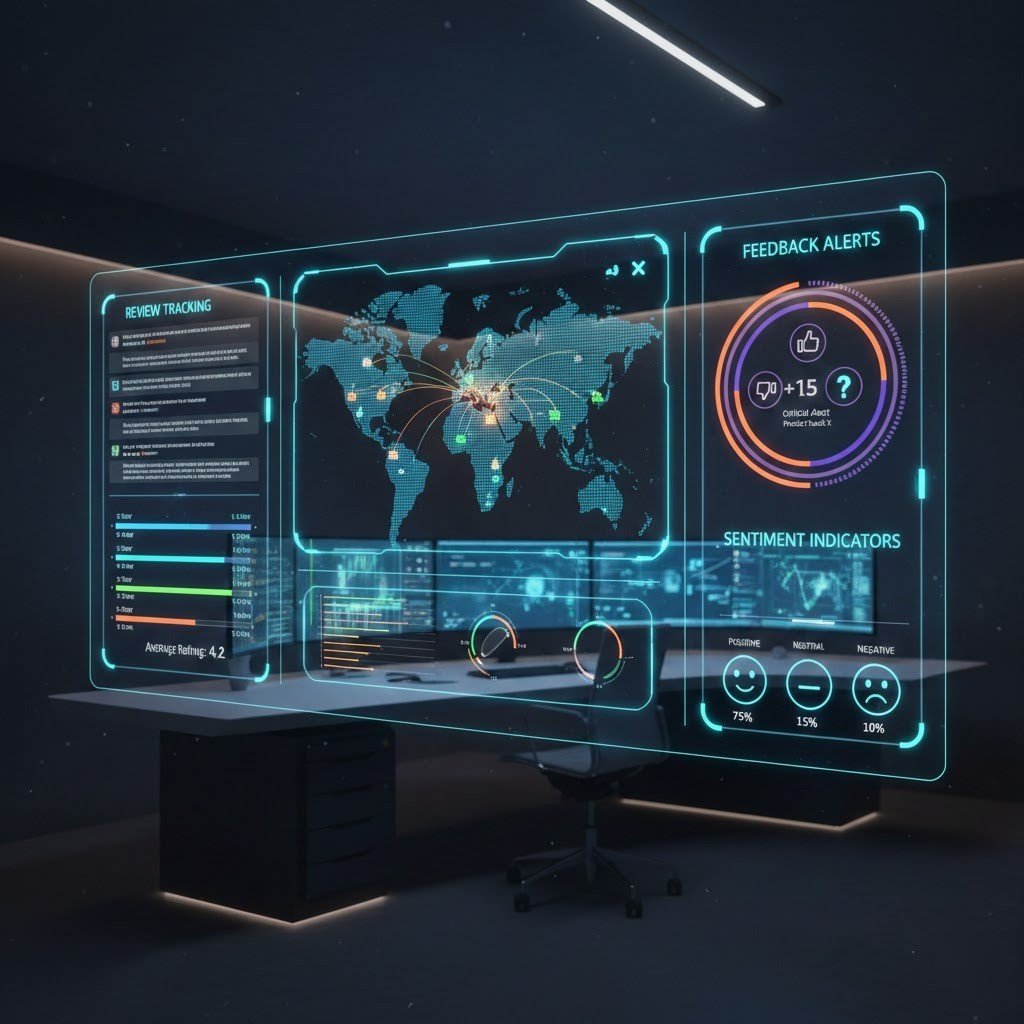 “3D dashboard showing real-time Amazon review and feedback monitoring.”