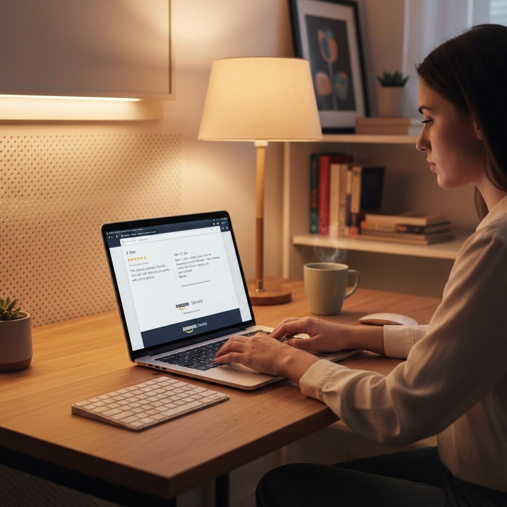 “Support agent drafting a personalized response to a negative Amazon review.”