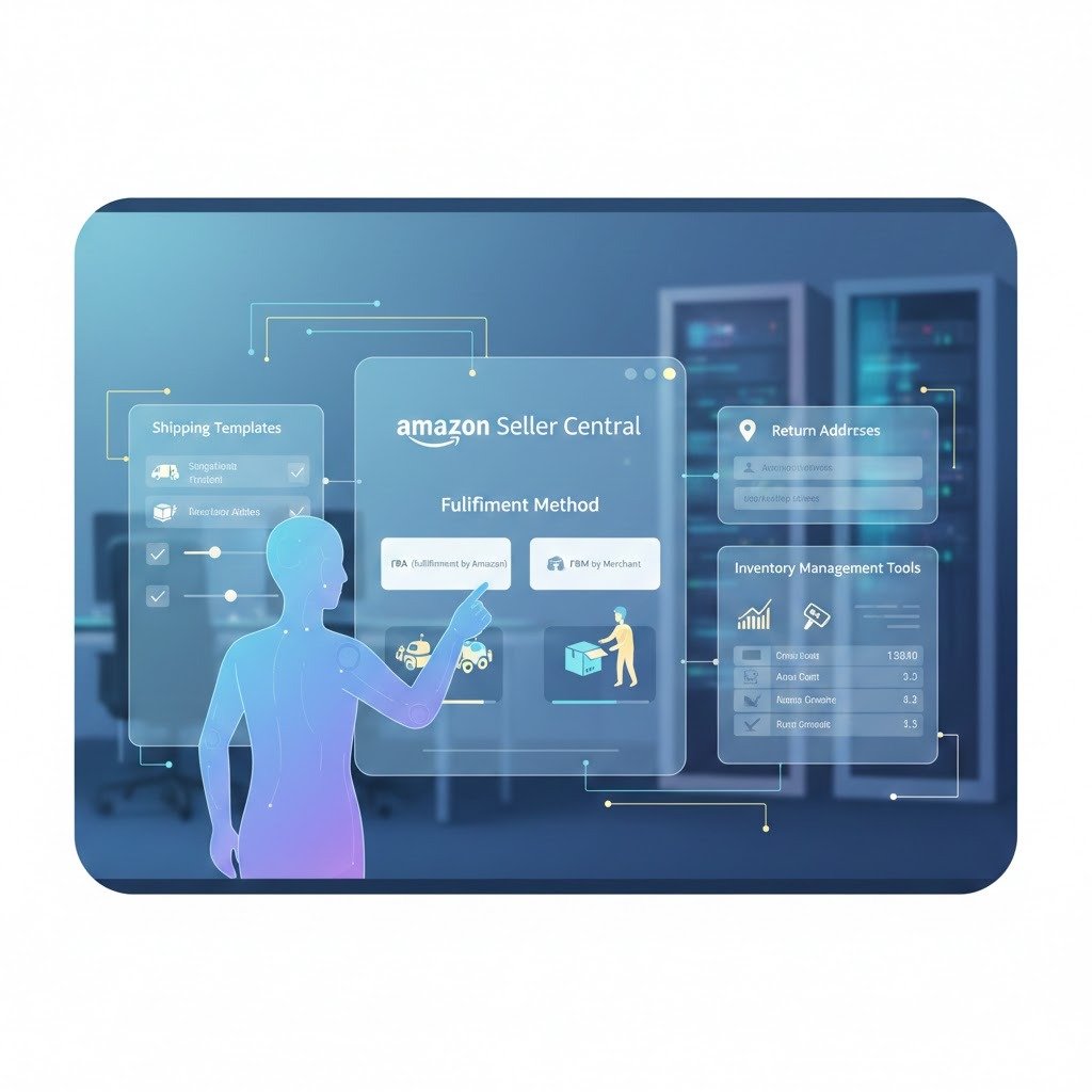 "Virtual assistant configuring Amazon Seller Central settings, managing shipping templates, FBA/FBM fulfillment, return addresses, and inventory tools in a professional clean interface, by Ecommatic."