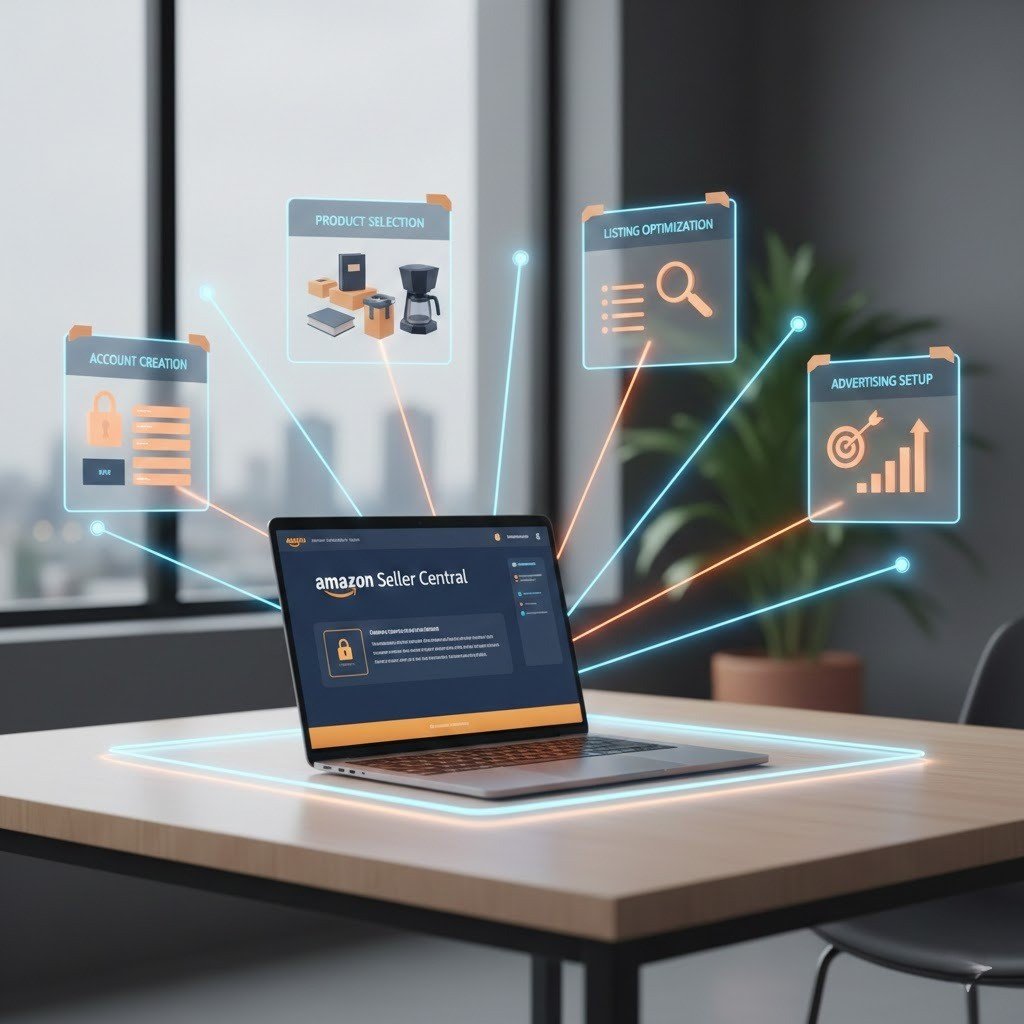 “3D visual showing the Amazon store launch workflow from setup to optimization with Seller Central dashboard on a laptop.”