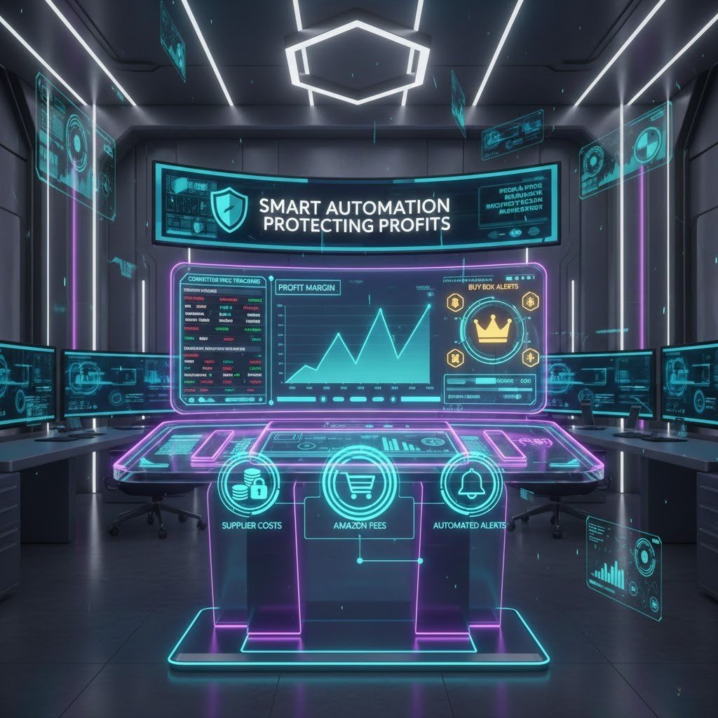 3D illustration of Amazon dropshipping pricing automation and repricing dashboard protecting seller margins.