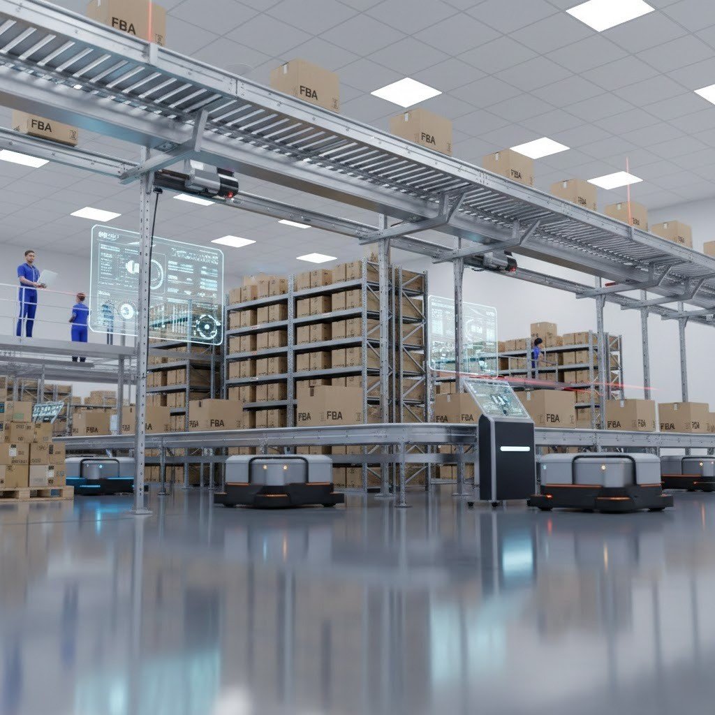 Amazon FBA warehouse with automated systems managing inventory and shipments.