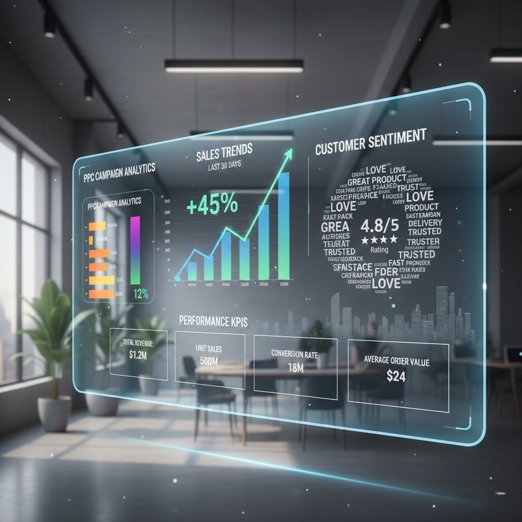 “Amazon performance dashboard showing sales growth and optimization metrics.”