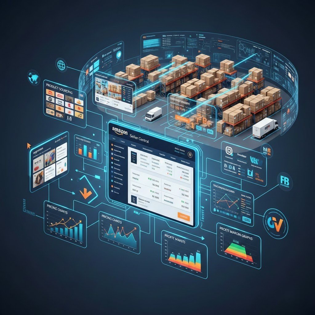 "3D illustration of Amazon dropshipping process showing Seller Central dashboard, pricing breakdown, supplier sourcing, and fulfillment workflow."