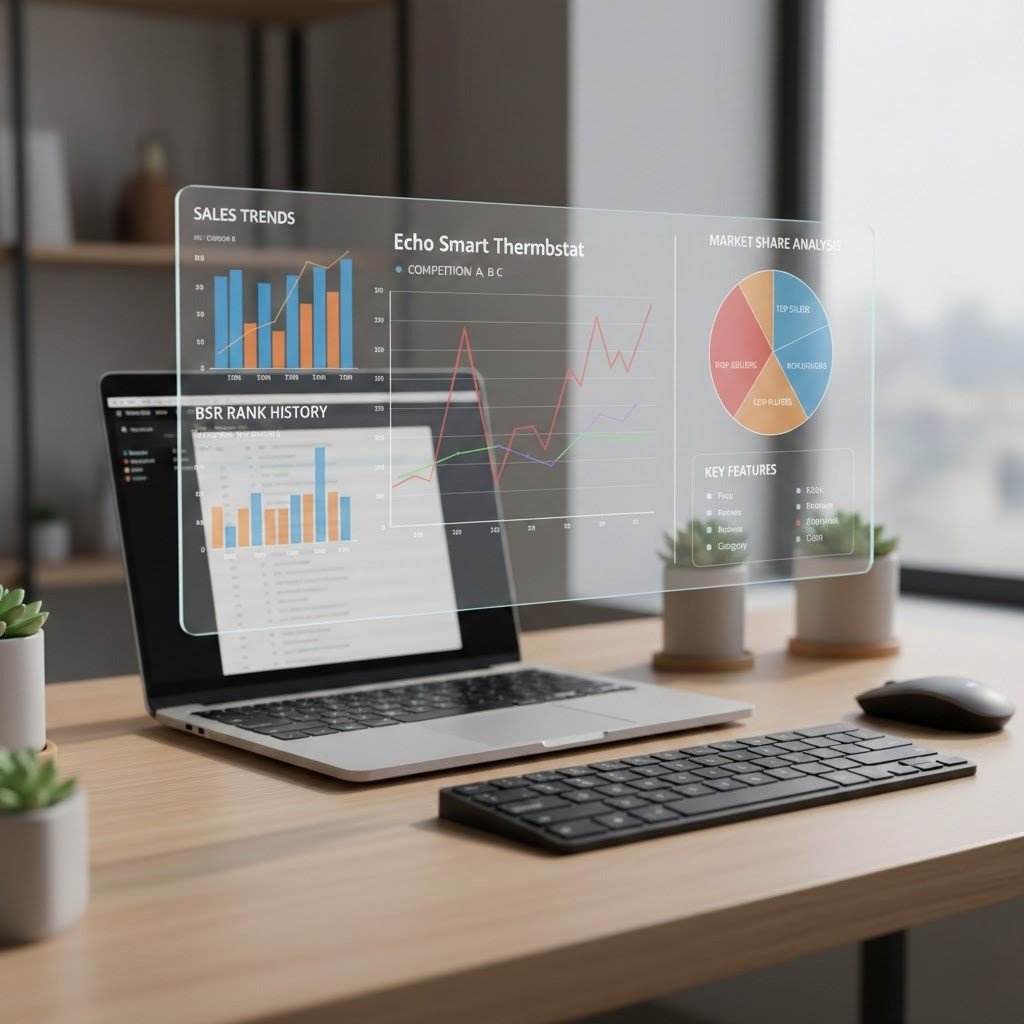 “3D mockup of Amazon product research dashboard showing trends and metrics.”