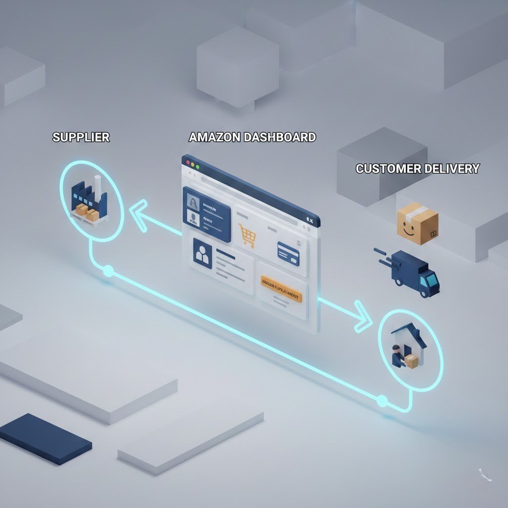 “3D illustration showing Amazon dropshipping workflow from supplier to customer.”