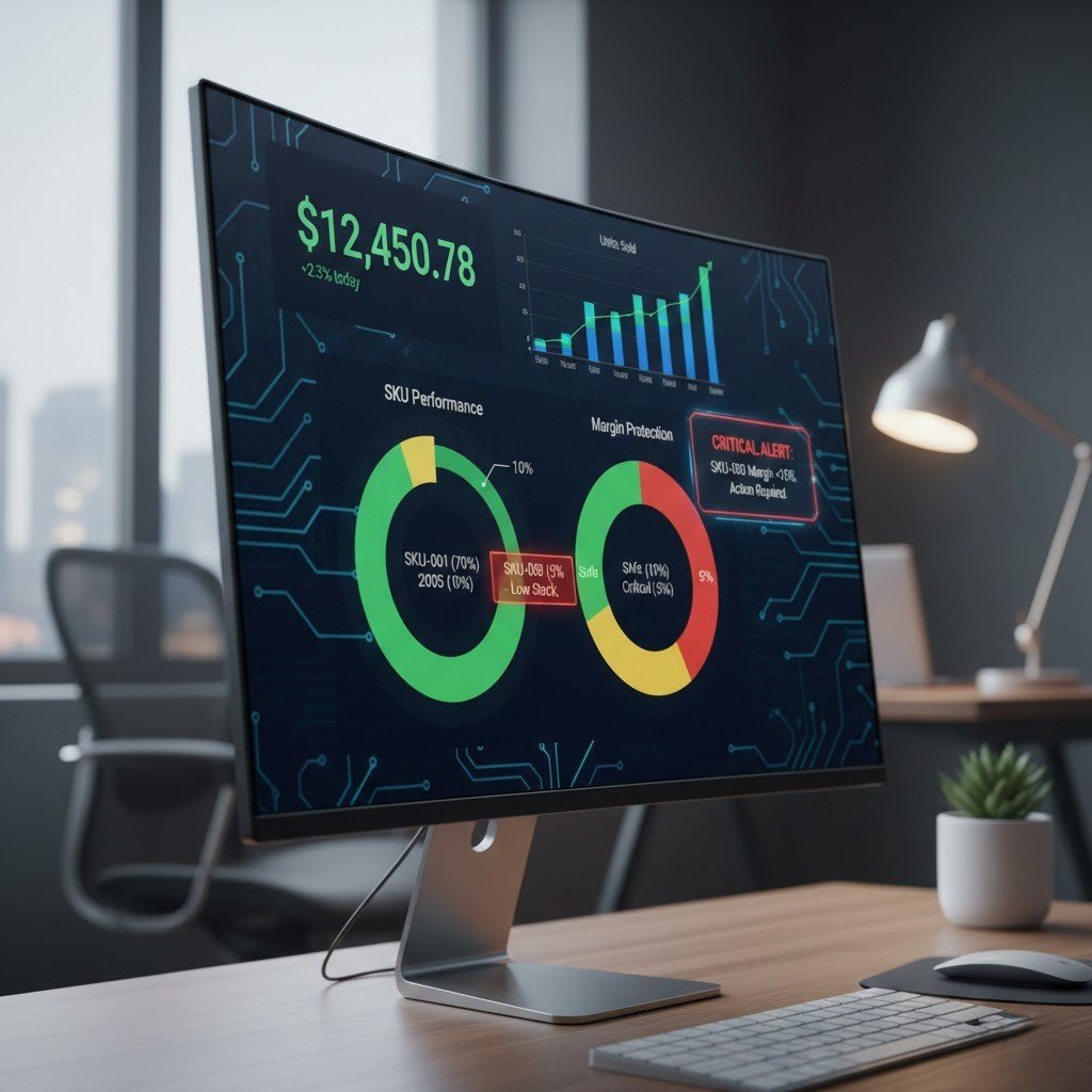 Dropshipping profit dashboard showing margin protection alerts and SKU performance.