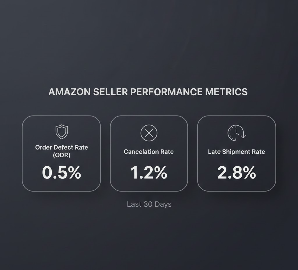 “Dark-themed infographic showing Amazon account metrics — ODR, cancellation rate, and late shipment rate — on a single-tone charcoal background with minimalist light-outlined boxes and clean typography.”