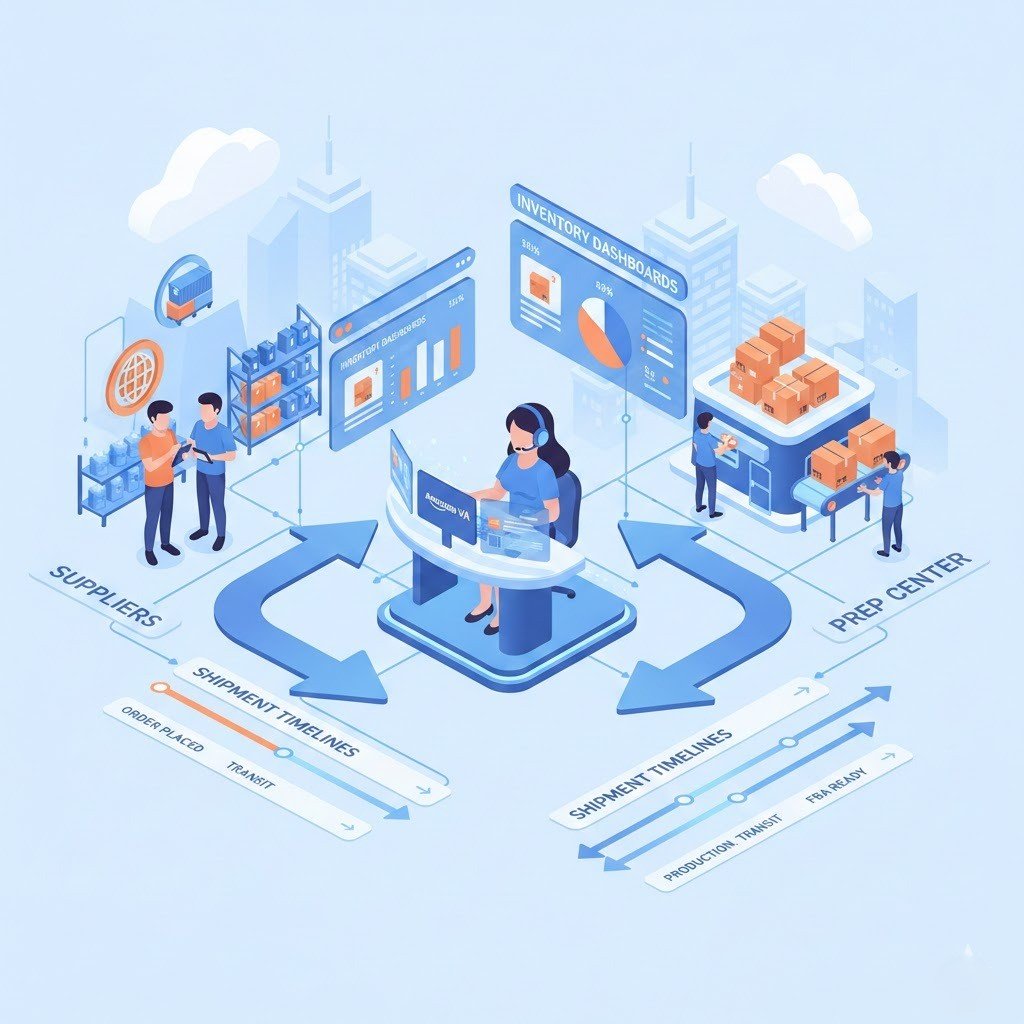 Amazon virtual assistant coordinating with suppliers and prep centers for inventory accuracy.