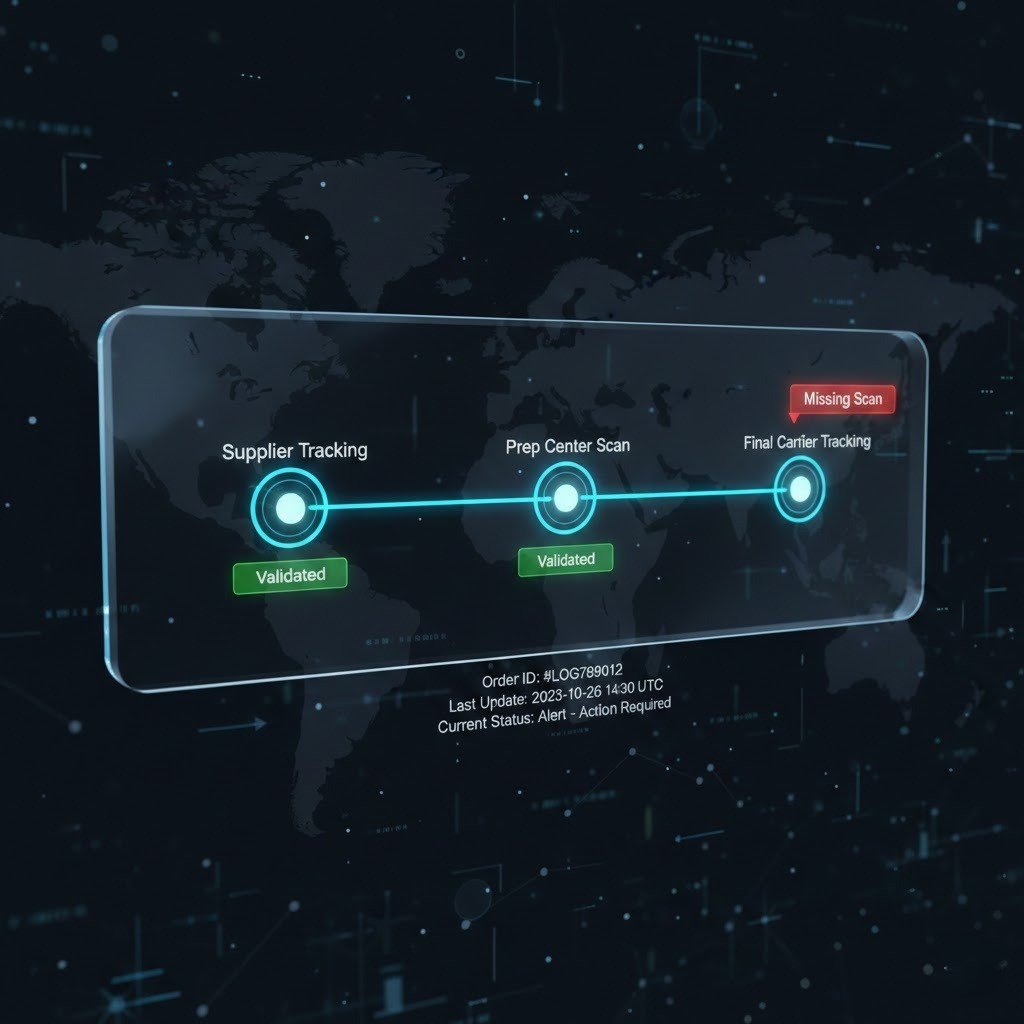 “Tracking dashboard showing validated supplier tracking, prep center scan, and final carrier tracking for an Amazon order.”