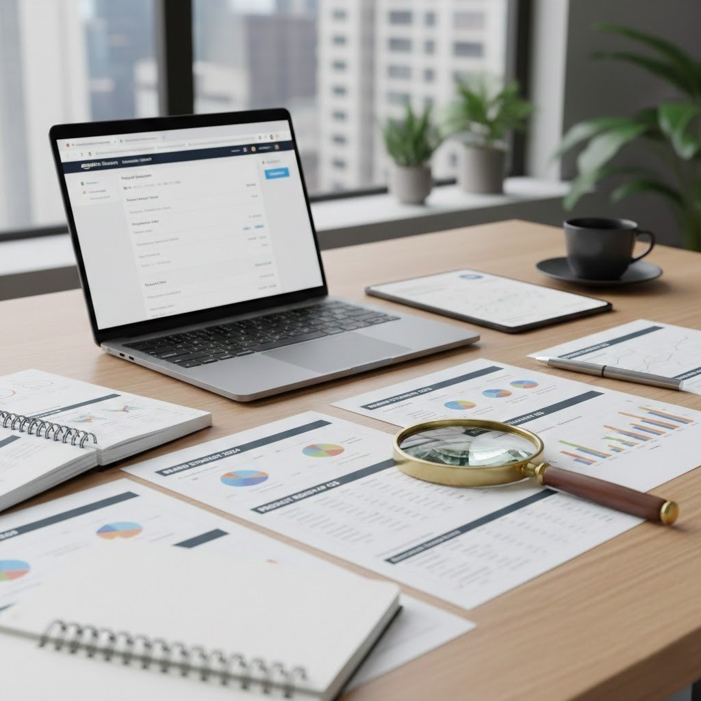 “Brand planning workspace with product research charts and Amazon analytics tools.”