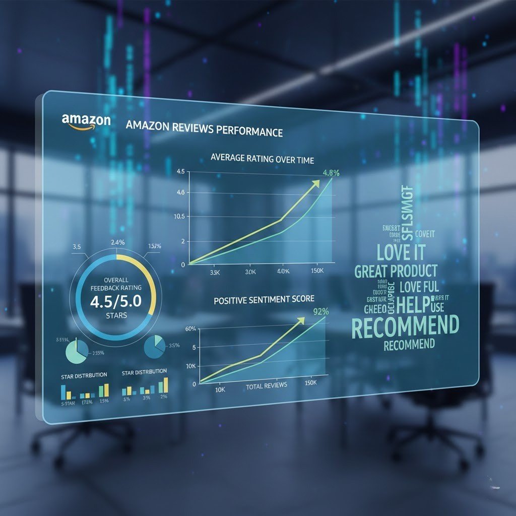 "Amazon seller reviews and feedback dashboard showing improving customer satisfaction."