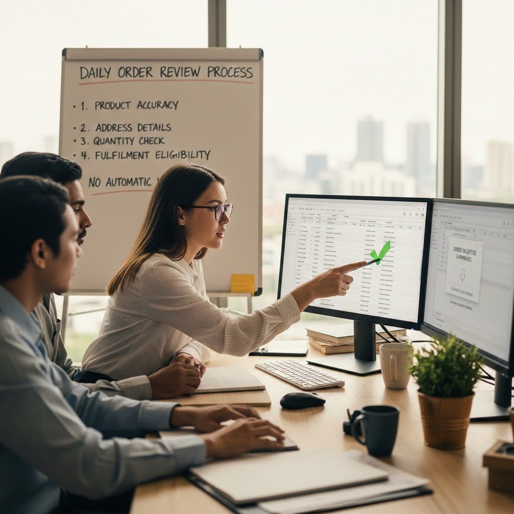 Amazon order validation process handled by a virtual assistant before fulfillment.