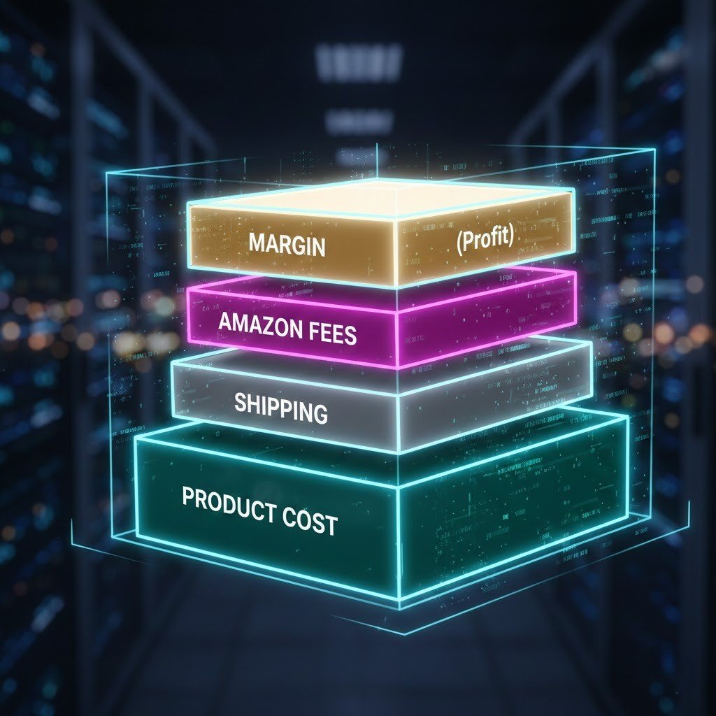 “3D breakdown showing Amazon dropshipping cost components like fees and margins.”