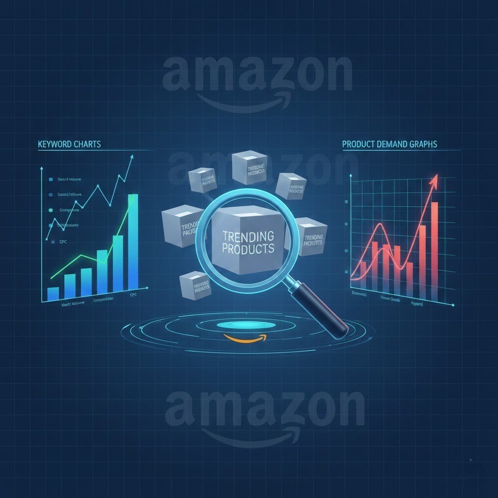 “Product research visuals showing Amazon keyword trends and demand charts.”
