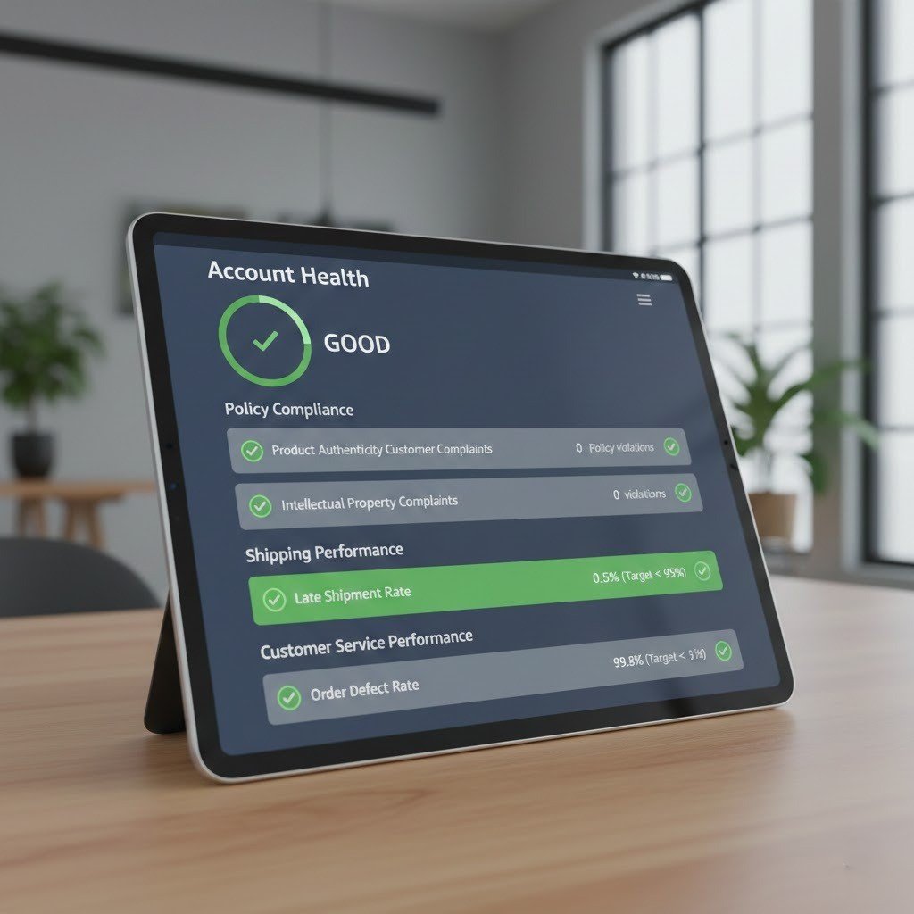 "Amazon Seller Central account health dashboard with all green metrics and compliance indicators."