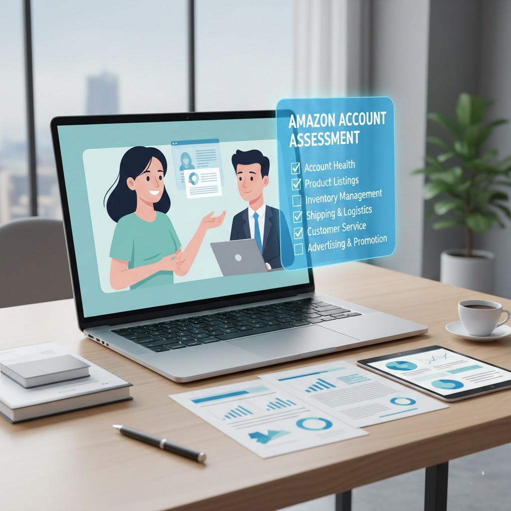 "Virtual consultation illustration for Amazon sellers by Ecommatic, showing a laptop, documents, and a checklist in a modern office, representing account assessment and professional guidance."