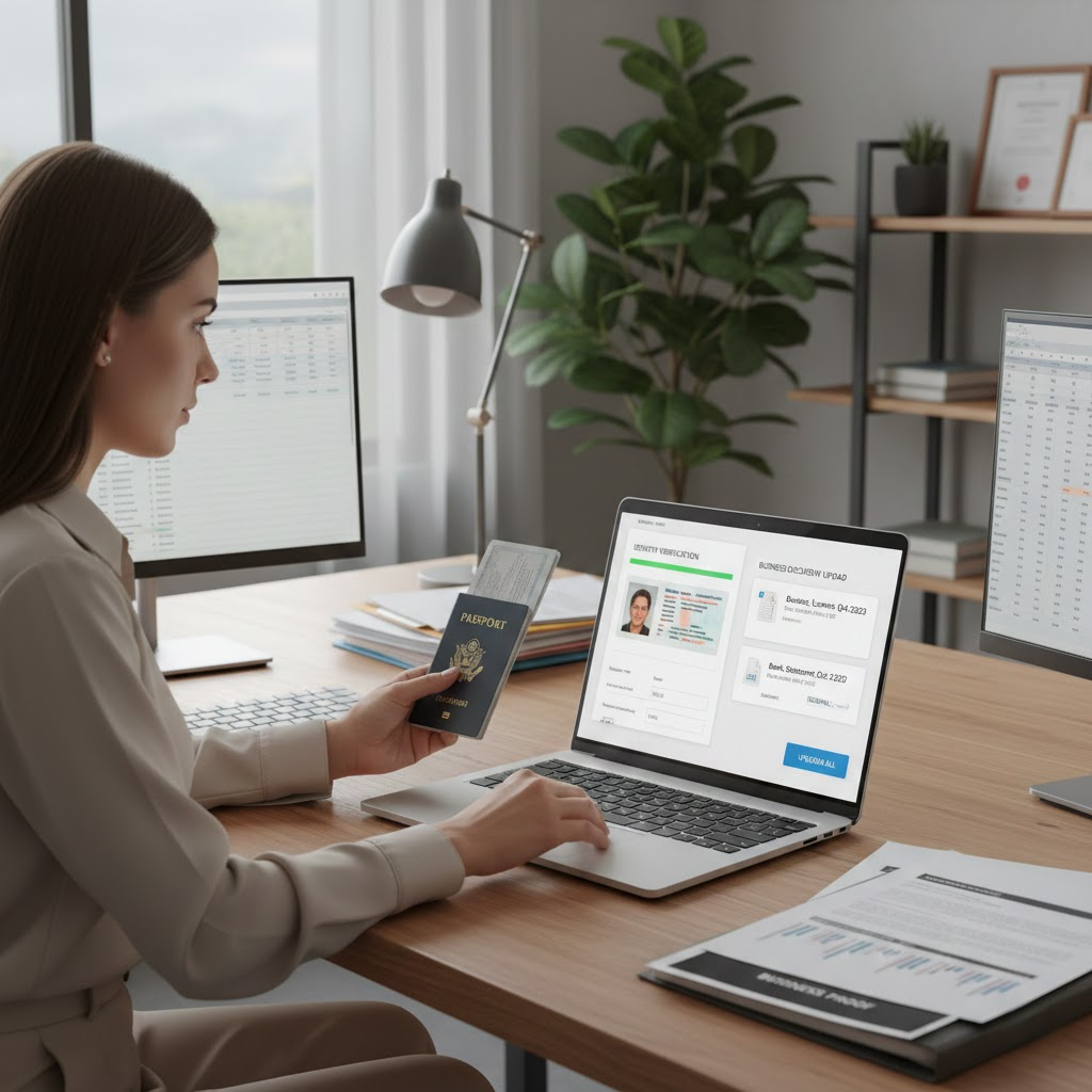 "Virtual assistant reviewing ID and business documents for Amazon verification on a laptop, showing scanning and uploading interface in a professional office setting, by Ecommatic."