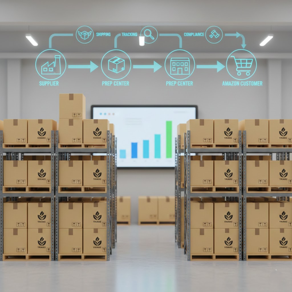 "Amazon dropshipping workflow 2026 showing a warehouse, prep center, Seller Central dashboard, and customer delivery with clean, branded packaging and compliance icons."