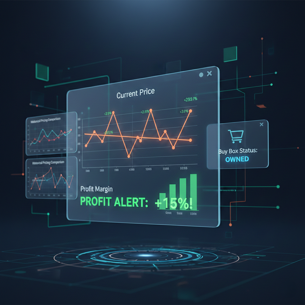 Automated Amazon repricing system displaying profit alerts and Buy Box tracking.