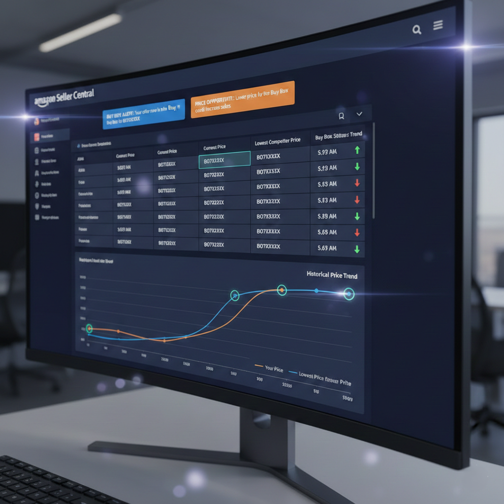 Amazon dashboard displaying competitor pricing, Buy Box alerts, and market analysis.