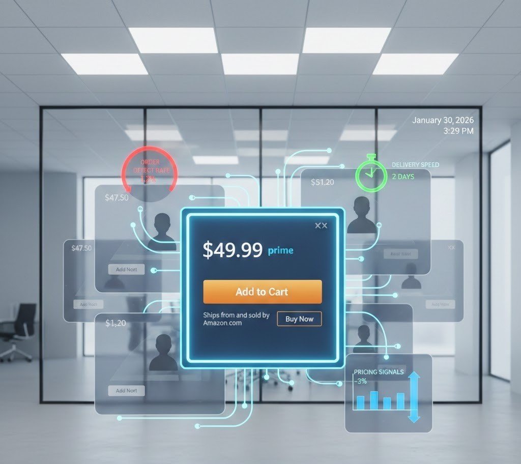 Amazon Buy Box competition showing performance metrics and seller trust signals