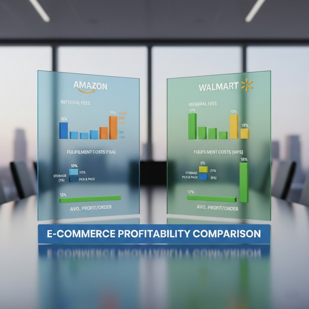 Comparison of fees and profit margins for Amazon and Walmart dropshipping platforms.
