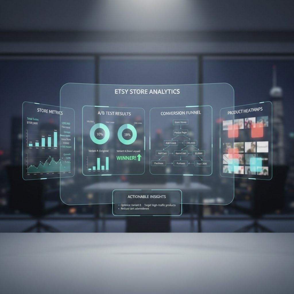 Etsy store analytics showing performance metrics, testing results, and conversion insights.