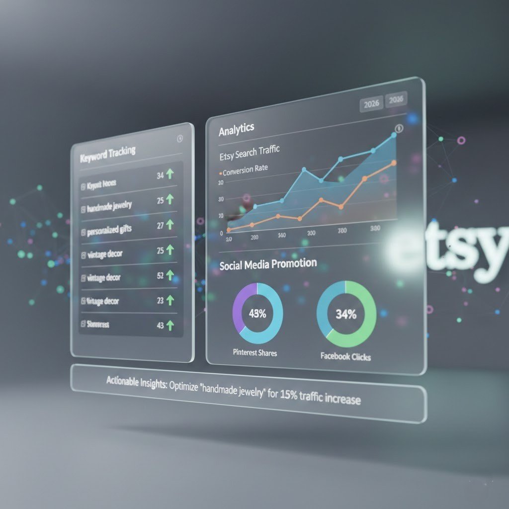 Etsy SEO and marketing dashboard showing traffic analytics and social media integration.