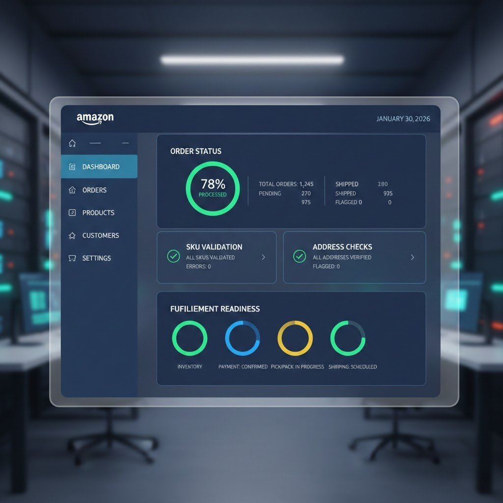 Amazon order intake system validating SKUs, addresses, and fulfillment readiness.